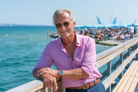 Senior man relaxing on pier enjoying summer vacation