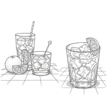 Assortment of iced drinks and citrus fruits in sketch style isolated on transparent background