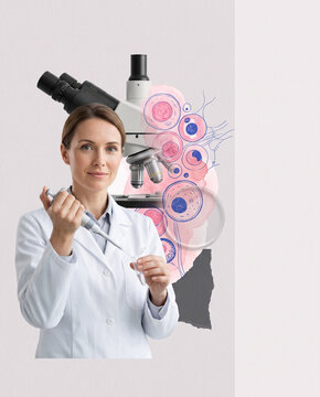 Female research scientist with microscope for Breast Cancer Awareness Month scientific mixed media editorial collage