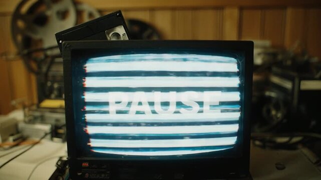 Old television screen displaying pause text with static during analog broadcast interruption