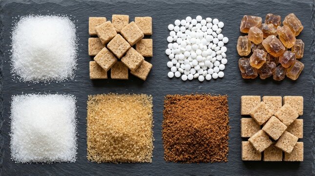Variety of Sugar Types and Sweeteners Arranged in Squares on Dark Slate Background for Food and Health Concepts