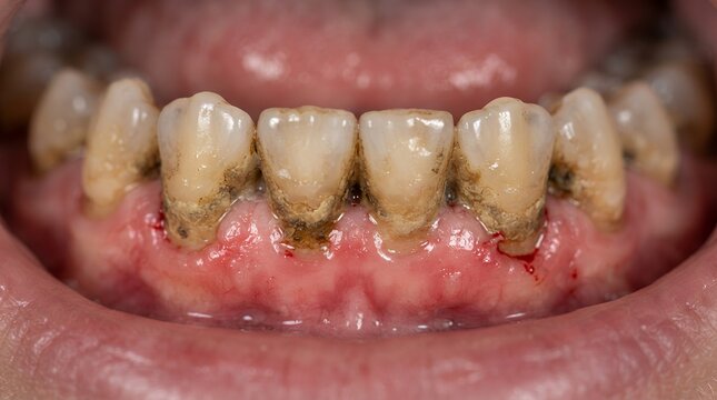 Close up of dental calculus and plaque buildup on lower incisors showing periodontitis.