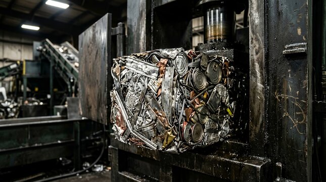 Compressed metal cube exiting industrial hydraulic baler in a recycling facility.