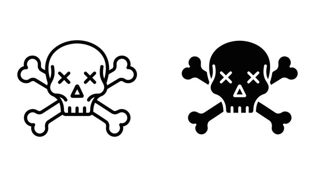 Skull and crossbones danger warning vector icon set in outline and solid black style