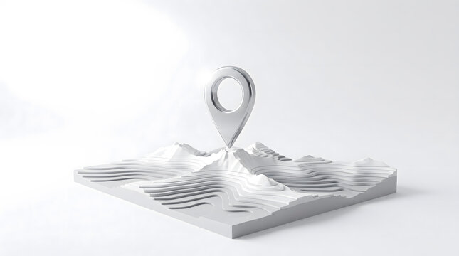 Silver location pin on a minimalist white 3D topographic map model.