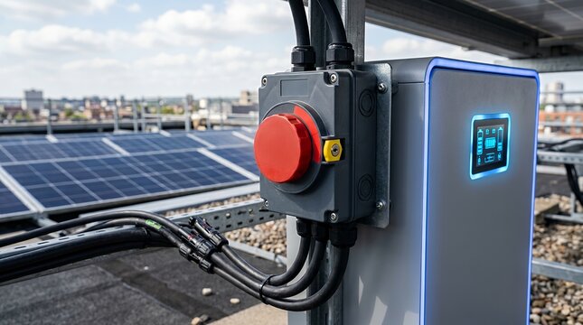 Solar DC isolator switch and battery storage unit on a rooftop solar power installation.