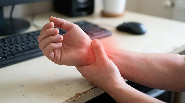 Close-up of Hand Holding Painful Wrist with Red Glow at Office Desk, Symbolizing Carpal Tunnel Syndrome and RSI
