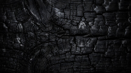 Fototapeta premium Dark burnt wood texture with charred cracked charcoal surface.