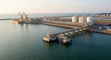 Naklejka premium Industrial petroleum loading facility at a coastal port with extensive infrastructure and storage tanks by the sea