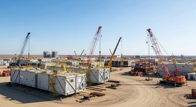 Industrial oilfield fabrication yard with large cranes and modular structures under construction