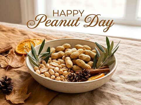Happy peanut day greeting card with a bowl of peanuts, dried orange slices, cinnamon sticks, and autumn leaves