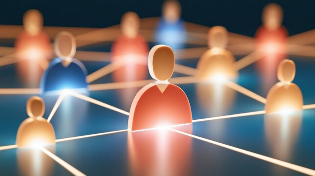 Abstract human silhouettes connected by glowing lines in network formation