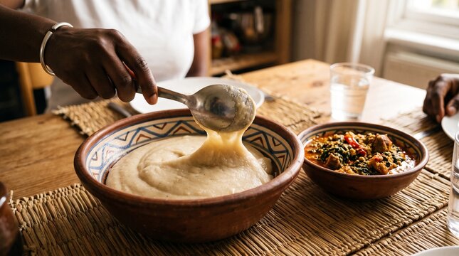 Person serving traditional African fufu dough with stew at a wooden dining table