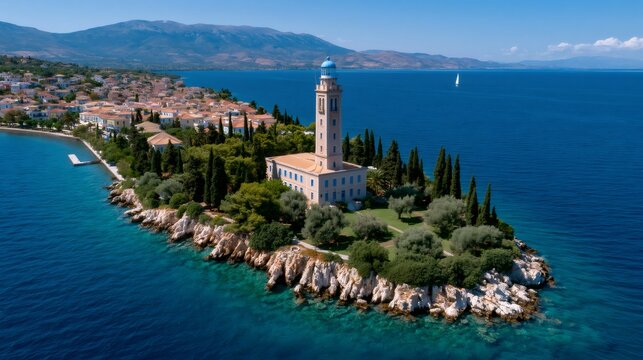 Kranae island lighthouse in gytheio, greece, peloponnese