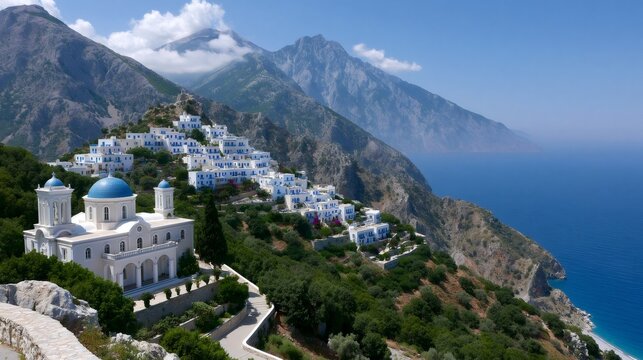 Greek village houses and church on mountain overlooking sea
