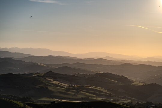 Marche, spectacular view and sunset on the Marche hills from the Ripatransone viewpoint. 2026