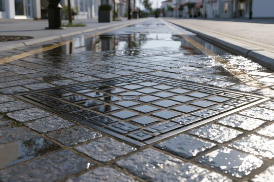 Urban street draining with wet manhole reflection