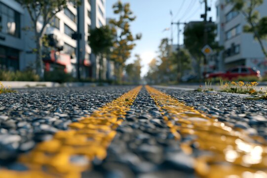 Asphalt road with yellow lines leading through urban street