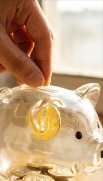 Fintech data visualization of piggy bank coin cryptocurrency saving and investment hand dropping golden token into clear piggy bank on table for financial technology, budgeting and wealth growth