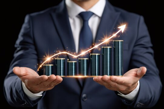 Businessman holding growing bar chart with glowing arrow