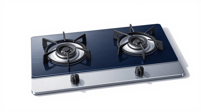 Modern gas stove with two burners, sleek glass cooktop with stainless steel trim, professional kitchen appliance for home cooking