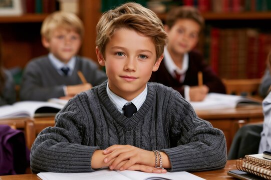 Young student learning in classroom looking at camera