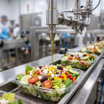 Salad preparation process in a food manufacturing facility with olive oil being dispensed