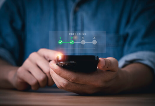 Person using smartphone with digital progress tracker, symbolizing task completion, workflow project management, goal tracking, productivity, checklist, online process by use mobile technology.