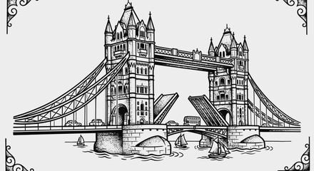 Obraz premium London Tower Bridge black and white tattoo style illustration featuring bold architectural lines, suspension cables, and traditional travel flash art on a white background with borders.