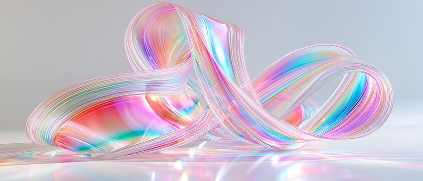 Iridescent ribbon twists softly against a bright, minimalist background