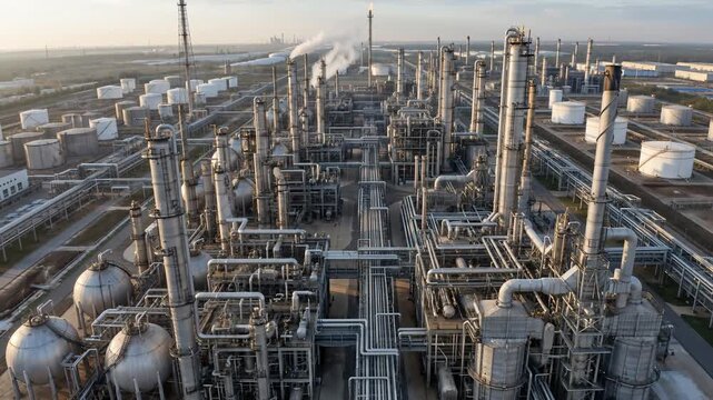 Aerial View of Oil and Gas Refinery Plant at Sunrise &ndash; Industrial Energy Infrastructure Drone Footage
