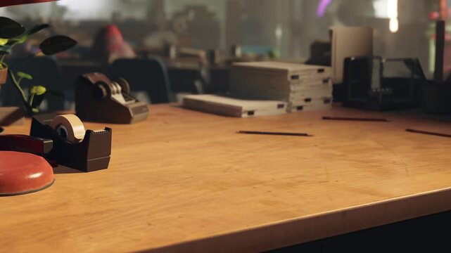 A desk in a busy office is covered with tape dispensers, stacks of paper, and a pencil. The workspace shows signs of activity and use, with bright lights illuminating the area.
