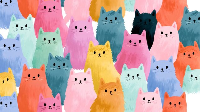 Colorful cute fluffy cats seamless pattern illustration