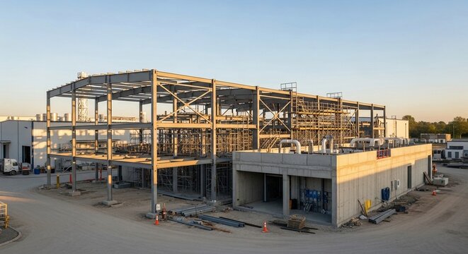 Massive steel framework of a modern industrial manufacturing facility under construction on a sunny day.