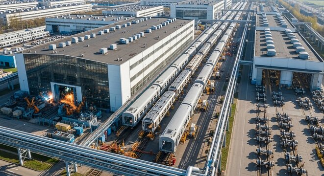 Modern heavy railway vehicles undergoing manufacturing and assembly at a large industrial factory