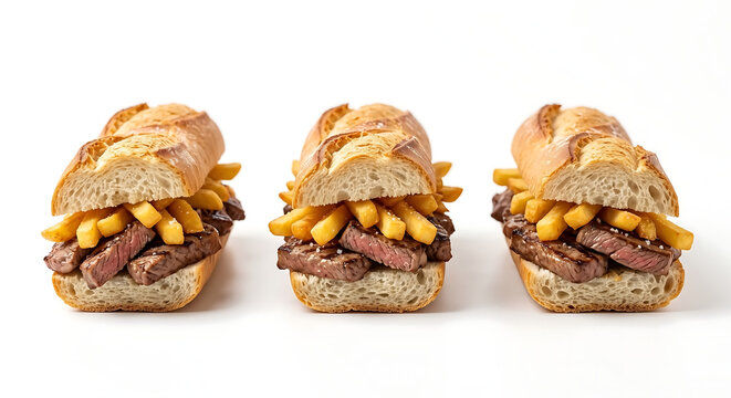 Three Belgian Mitraillette Sandwiches Isolated on White Background