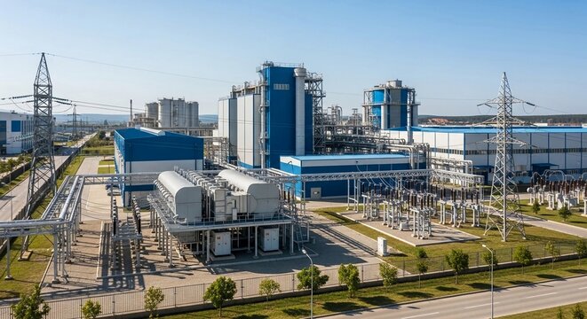 Modern Industrial Energy Plant Complex with Advanced Electrical Equipment and Infrastructure Under Sunny Skies