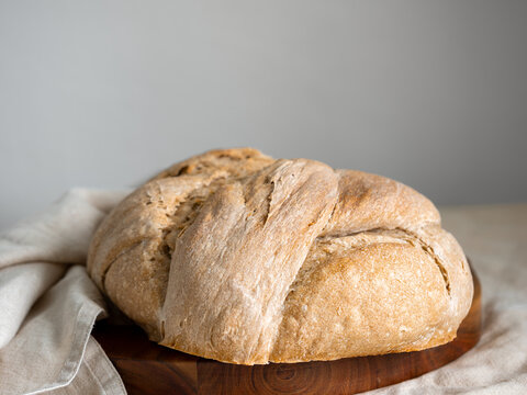 Clean front view of a single home-baked sourdough knot bread loaf against a neutral plain grey background. Professional product photography with graphic lighting and copy space for advertisement