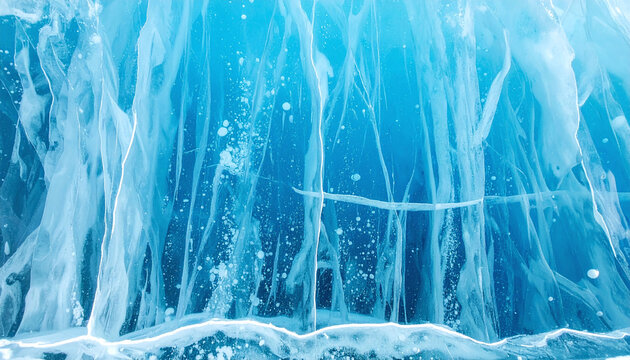Captivating abstract background of deep blue lake ice featuring frozen bubbles and glowing white cracks. This pristine winter texture evokes a serene, cold mystery. Nobody.