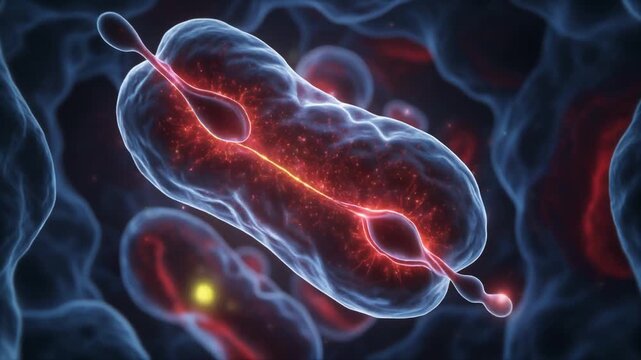 Realistic 3D scientific visualization of a mitochondrion producing cellular energy inside a living human cell. Detailed inner membrane and cristae with subtle molecular activity, suitable for biology,