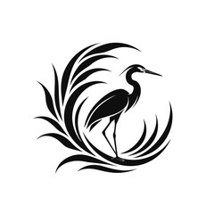 Fototapeta premium Minimalist heron among abstract decorative foliage with wildlife waterfowl illustration stylized