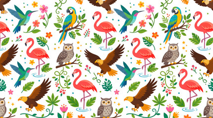 Obraz premium Colorful Tropical Bird Seamless Pattern with Flamingos, Parrots, Hummingbirds, Owls and Eagles