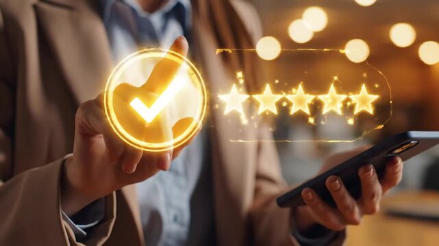 Business professional using a smartphone with glowing five-star rating and approval icon, representing customer satisfaction, positive reviews, quality service, and digital reputation.