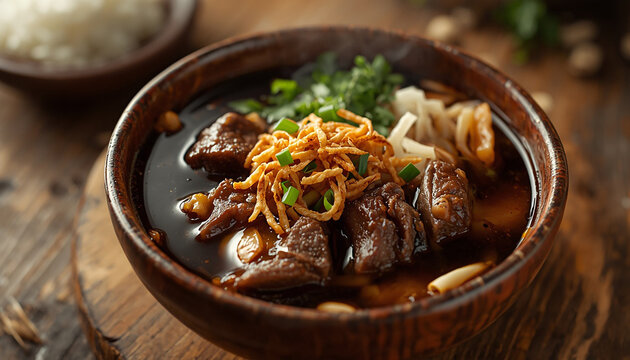 Authentic Indonesian rawon soup presented in an ultra-realistic macro food photograph, highlighting traditional Indonesian flavors, texture and presen