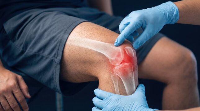 Doctor examining painful knee joint of patient, orthopedic treatment for arthritis or injury, medical healthcare showing bone structure and inflammation, physical therapy