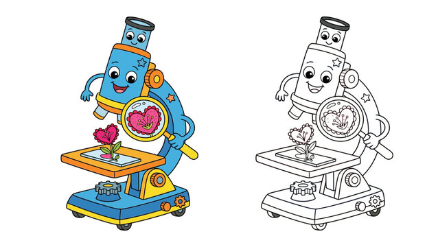 Cute Cartoon Microscope Character Examining Heart Flower, Science Vector and Coloring Page for Kids