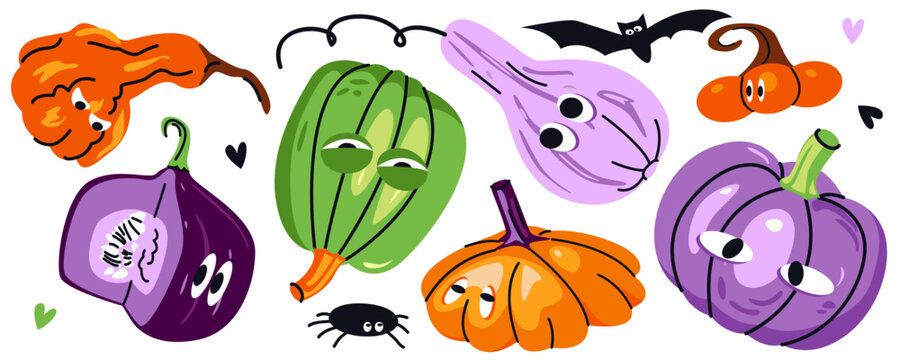 Halloween pumpkins with funny faces, bat and spider. Colorful autumn vector illustration. Seasonal holiday designs