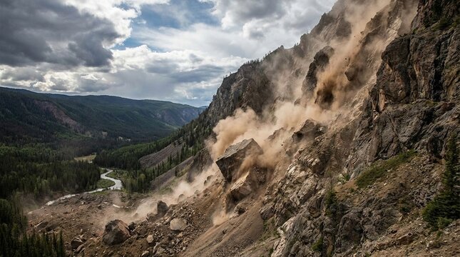 Dramatic mountainous landscape under cloudy skies, rugged terrain revealing natural geological formations, perfect for adventure or nature documentary use