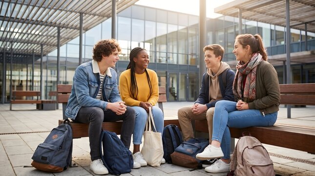 Group of diverse teenage high school students sitting on bench talking and laughing together outdoors on modern campus, back to school friendship photo.