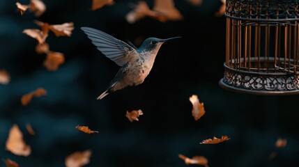 Obraz premium The Hummingbird in Flight Among Floating Leaves and an Ornate Cage